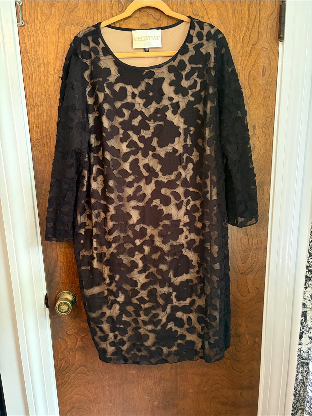 Thread & Supply Black Floral Lace Sheath Dress with Nude Lining